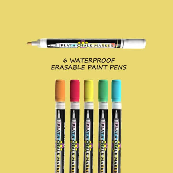 6 waterproof water resistant paint pen markers that are erasable with rubbing alcohol. Red, orange, yellow, green, blue, white chalk markers