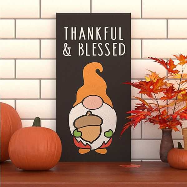 Thankful and Blessed Fall Chalkboard with cute fall gnome crafted using Plata Chalkboards magnetic chalkboard stencils Gnome Stencil craft set and chalk markers 