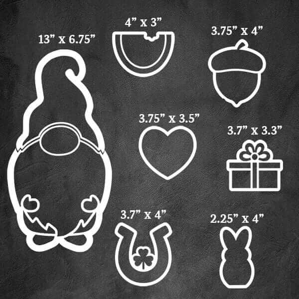 Plata Chalkboards Holiday gnome chalkboard stencil set, gnome stencil with 6 interchangeable holiday designs- heart, horseshoe, bunny, watermelon, acorn and Christmas present magnetic stencils