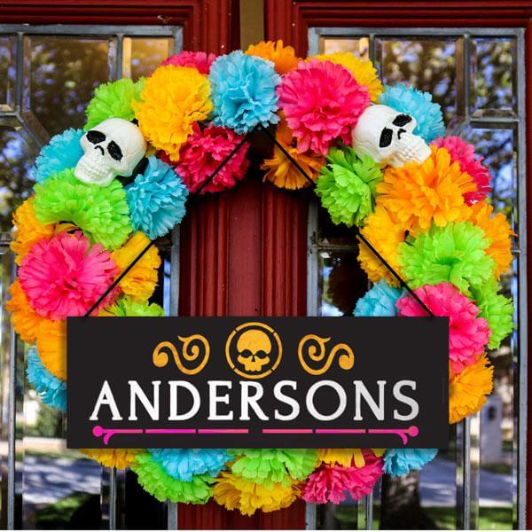 Personalized Halloween Door Sign on a colorful halloween wreath. Hanging chalkboard decorated with halloween chalkboard stencils 