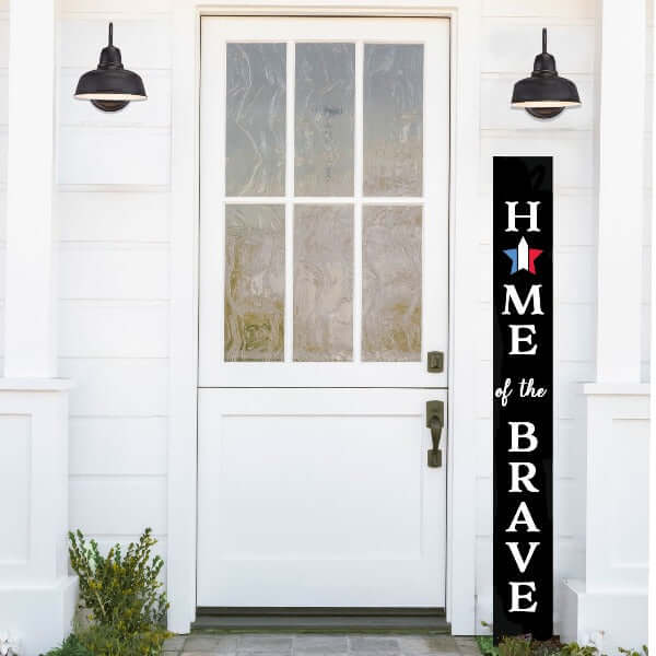 Front door of a country home with Plata Porch Chalkboard 5 foot vertical porch welcome sign stenciled 