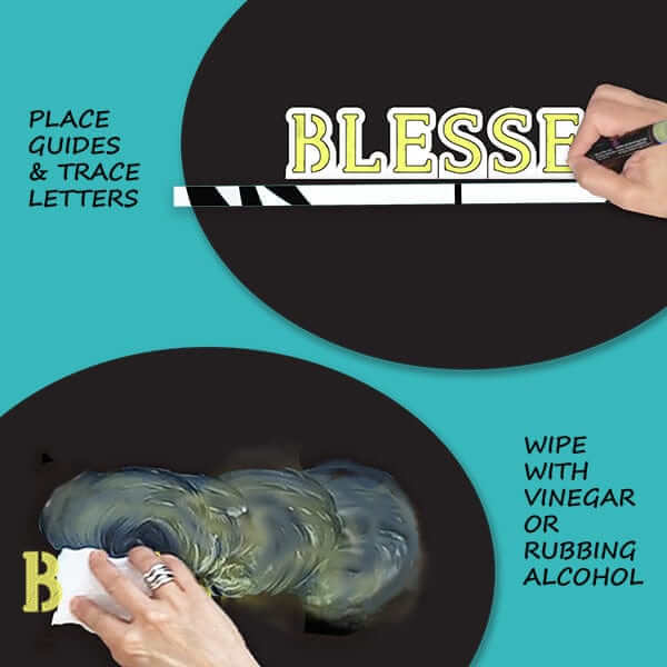How to make a chalkboard sign, place letter stencils for chalkboards, fill with painting pens, when ready remove chalk ink with vinegar or rubbing alcohol