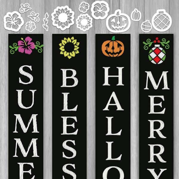 A set of magnetic chalkboard stencils for every season to create an interchangeable welcome sign. Includes Jack-o-latern stencil, pumpkin stencil, 2 pansy stencils, 2 sunflower stencils, 2 summer flower stencils, 2 Christmas ornament stencils and 2 laurel stencils for chalkboards