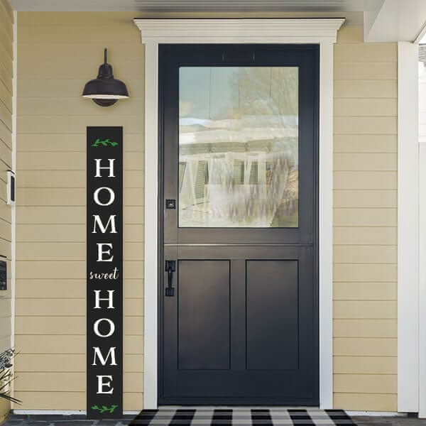 Five foot tall porch sign large chalkboard leaning next to front door stenciled Home Sweet Home with sign letter stencils