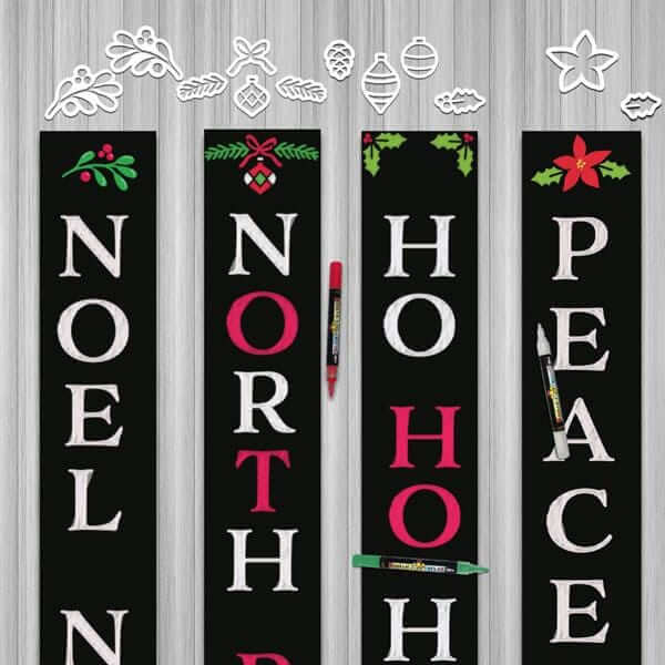 4 Plata Porch Chalkboards decorated for Christmas using Plata Christmas Chalkboard Stencils. Noel Noel vertical sign, North Pole Vertical Sign, Ho Ho Ho Door Sign, Peace Door Sign 
