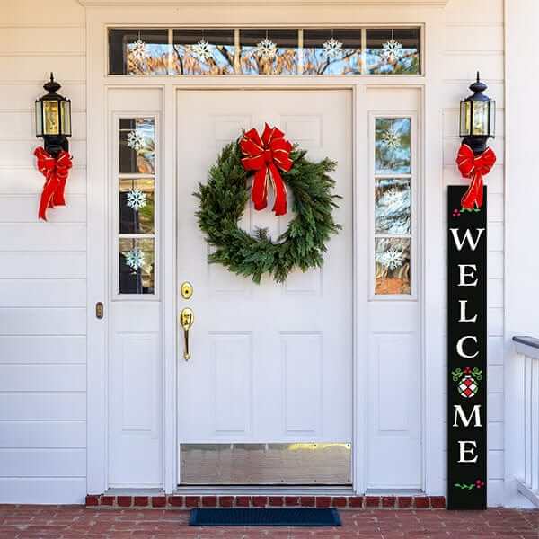 Plata Porch Chalkboard on the front porch of a colonial home stencilled to create a Christmas Vertical Porch Sign