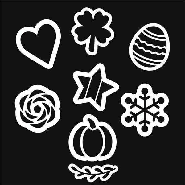 Collection of magnetic chalkboard stencils for holidays. Heart stencil, shamrock stencil, easter egg stencil, star stencil, rose stencil, pumpkin stencil, snowflake stencil for chalkboard signs for chalkboard signs, restaurant chalkboards, chalkboard crafts