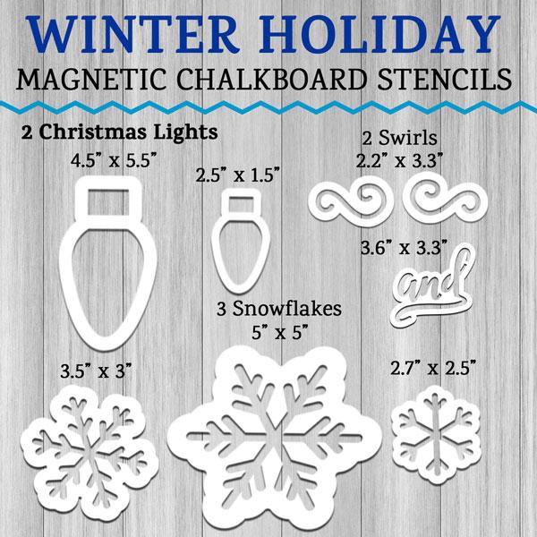 Overview of magnetic stencils included in Winter Holiday Chalkboard Stencil Set. 2 Christmas Light Stencils, 3 Snowflake Chalkboard Stencils, 2 swirl stencils and 1 cursive and word stencil for crafting DIY Holiday Signs