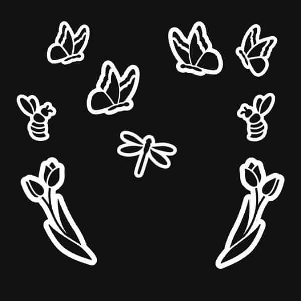 Magnetic spring chalkboard stencils for spring chalkboard signs- two large butterfly stencils, two small butterfly stencils, two bee stencils, two tulip stencils and one dragonfly stencil for DIY chalkboard art