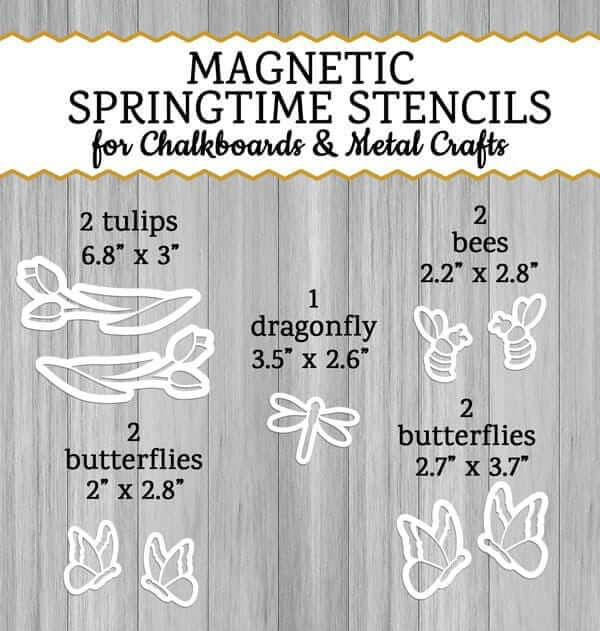 A Spring collection of reusable stencils for chalkboards. Magnetic stencil set includes tulip stencils, bee stencils, butterfly stencils and dragonfly stencil to create your own DIY Spring Signs.