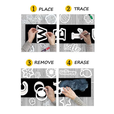 How to make a welcome sign with letter stencils place stencil letter, fill with paint pens, remove letter stencil, then erase chalkboard with vinegar 
